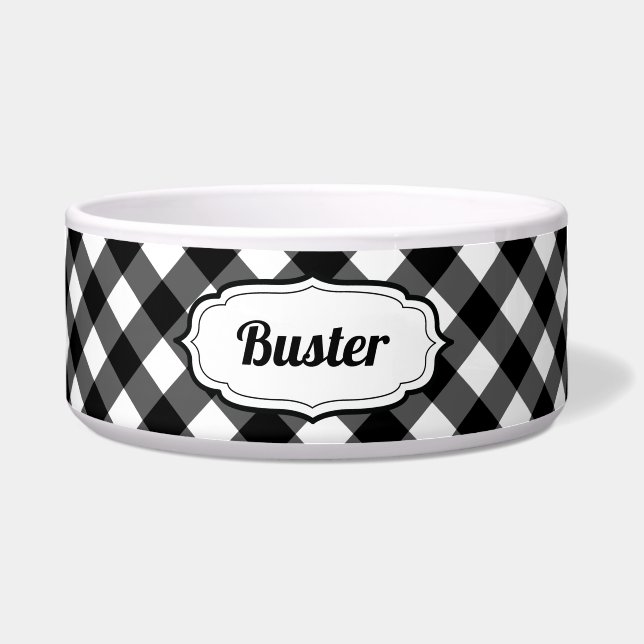 Comedero Personalized Black & White Gingham Check pet bowl  (Frente)