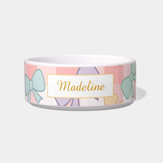Comedero Personalized Cat Gingham Pastel Bows Bowl Ceramic (Frente)