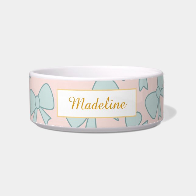 Comedero Personalized Cat Name Pastel Blue Bow Bowl Ceramic (Frente)