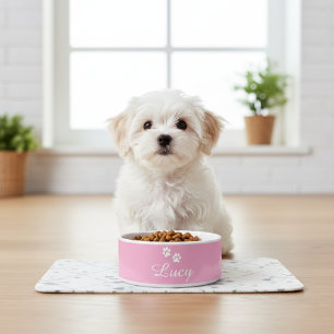Comedero Personalized Pink Puppy Dog Bowl with White Paw