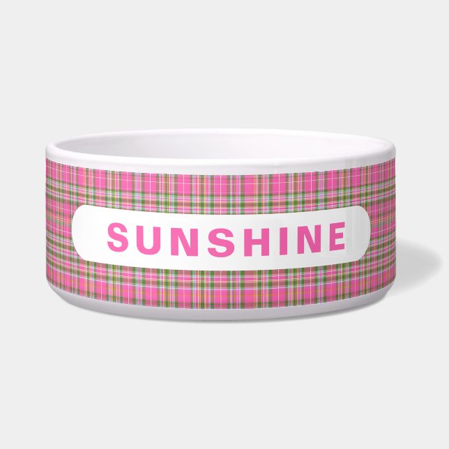 Comedero Pink and Green Tartan Plaid Dog Name (Frente)