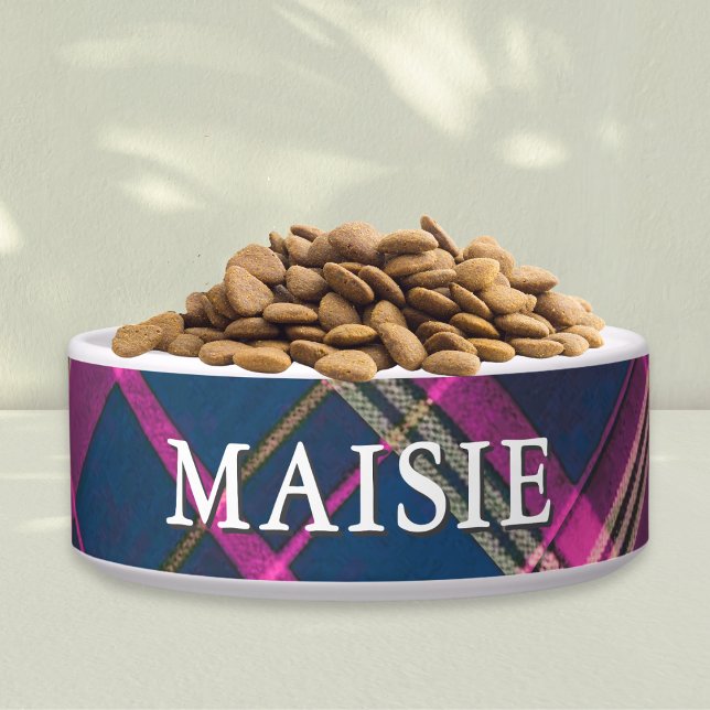 Comedero Pink and Navy Tartan Plaid Personalized Pet Dog (A stylish, personalized dog bowl, with tartan plaid pattern in pink, blue and golden tones)