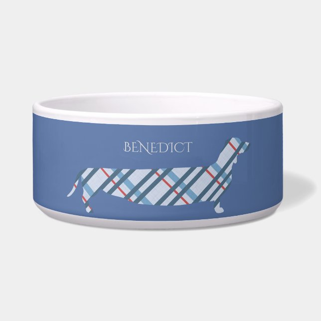 Comedero Plaid Dachshund sobre el azul personalizado (Frente)