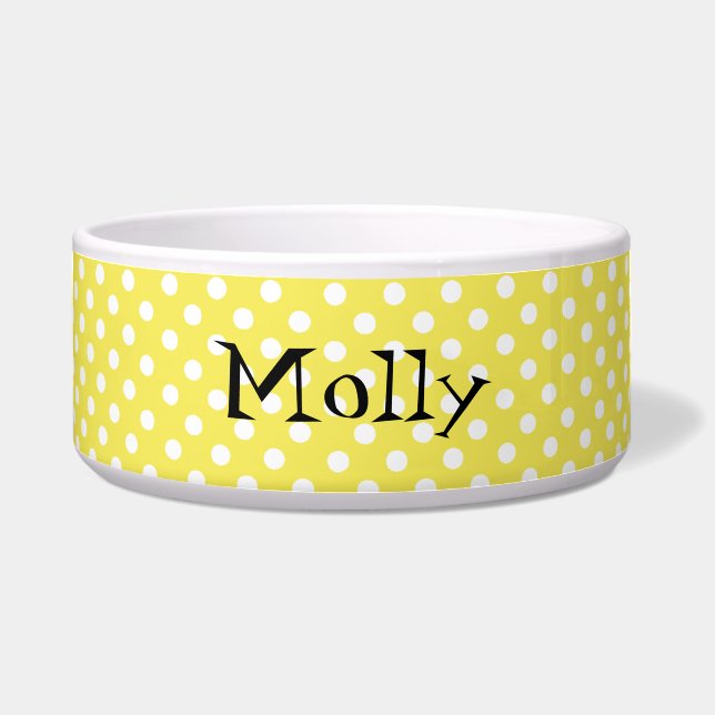 Comedero Polka amarillo y blanco puntos Personalizado Tazón (Frente)