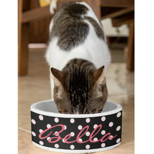 Comedero Pólka rosa negro lindo gato gatito Mascota nombre