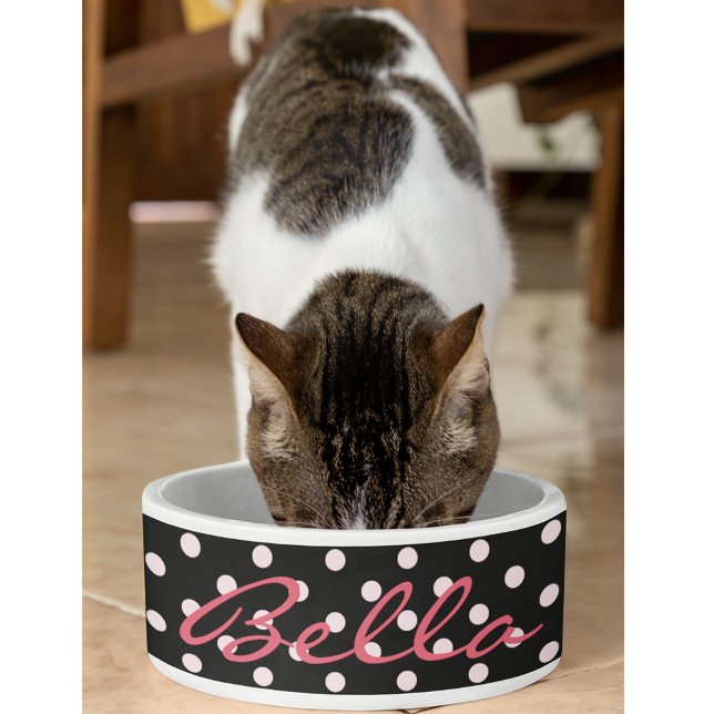 Comedero Pólka rosa negro lindo gato gatito Mascota nombre  (Cute Black Pink Polka Dots Cat Kitty Pet Name Food Bowl)