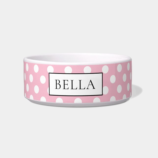 Comedero Polkadot blanco y rosa mate personalizado (Frente)