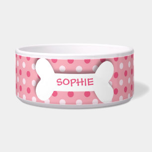 Comedero Polkadots rosados personalizados mascota de huesos