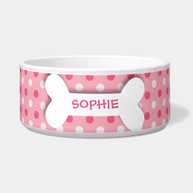 Comedero Polkadots rosados personalizados mascota de huesos (Frente)