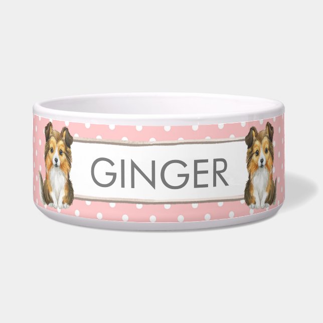Comedero Polkadots rosados y blancos | Sheltie Personalizad (Frente)