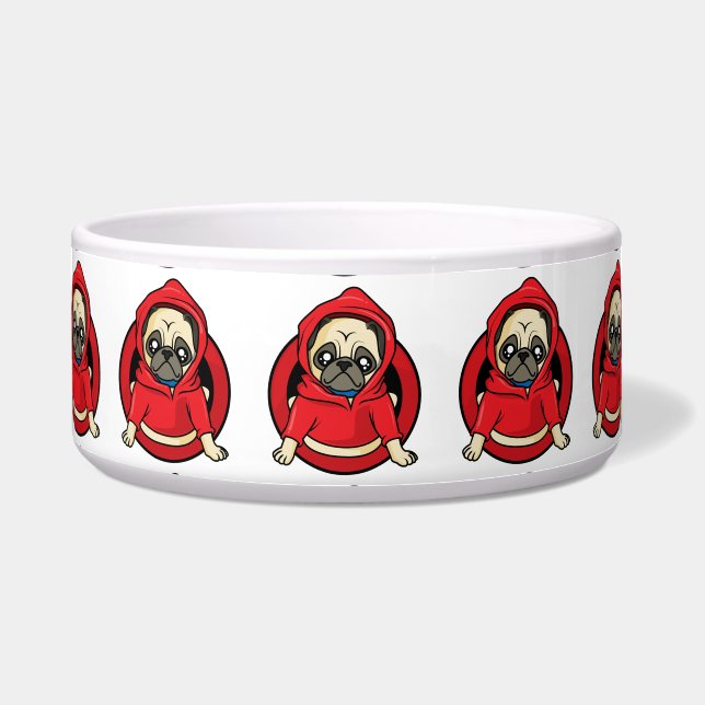 Comedero Pug en sudadera roja (Frente)