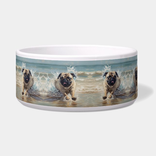 Comedero Pug Feliz en la Playa personalizable (Frente)