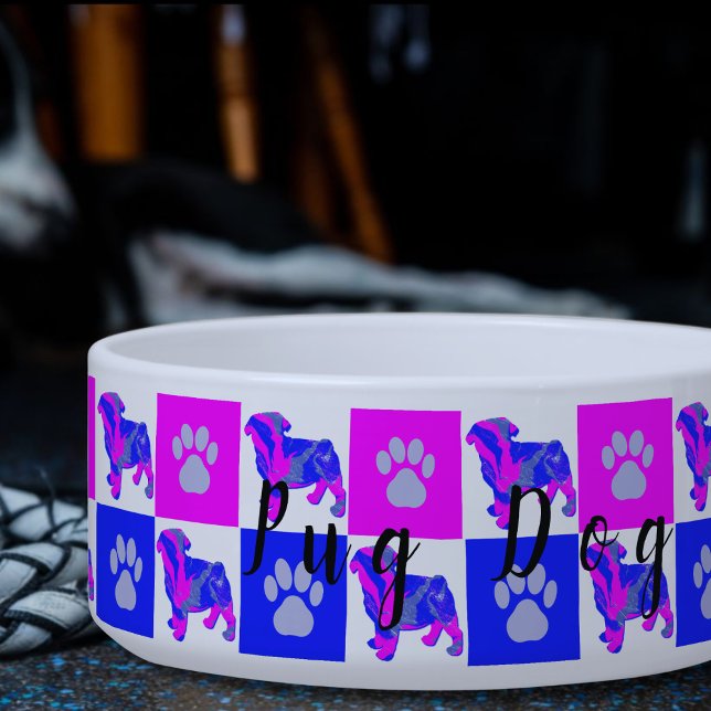 Comedero Pug Silhouette Dog & Paw Hot Pink & Blue Pet Bowl (Subido por el creador)