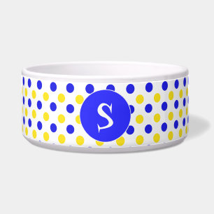Comedero Puntos de polka amarillos y azules Monogramado Taz