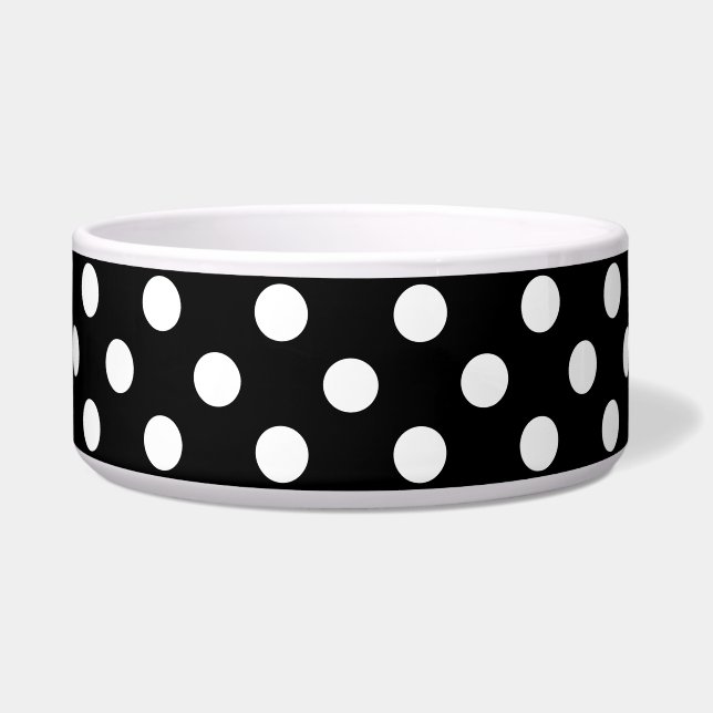 Comedero Puntos de Polka Blanco sobre fondo negro (Frente)