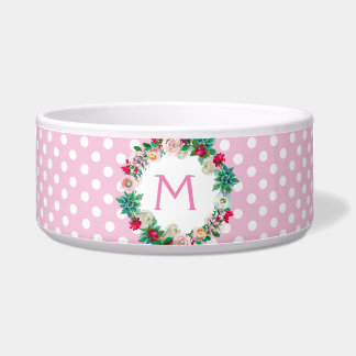 Comedero Puntos de Polka rosa y blanco con Mascota de monog