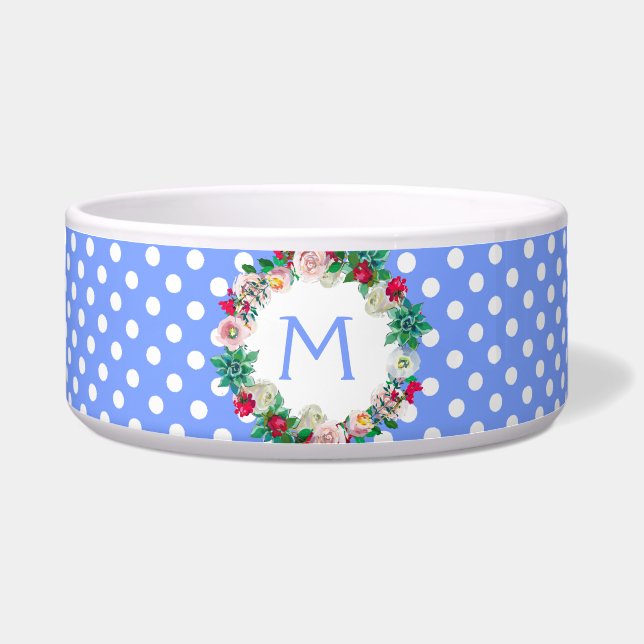 Comedero Puntos reales de polka azul y blanco con Mascota d (Frente)