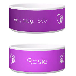 Comedero Purple 'eat play love' Dog Name Bowl