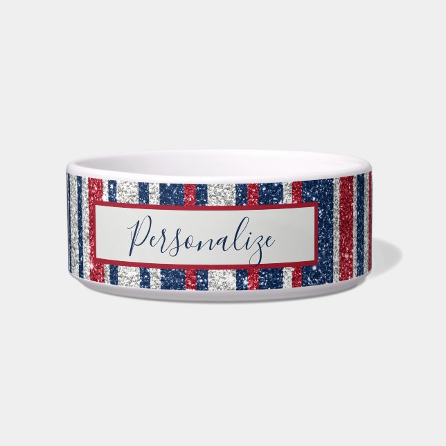 Comedero Purpurina azul blanco rojo Patriota Glam Stripes B (Frente)
