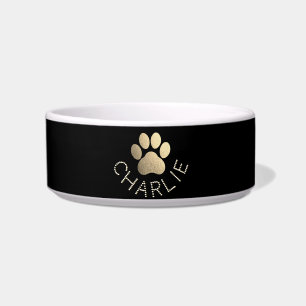 Comedero Purpurina Faux Gold Pawprint Nombre personalizado 
