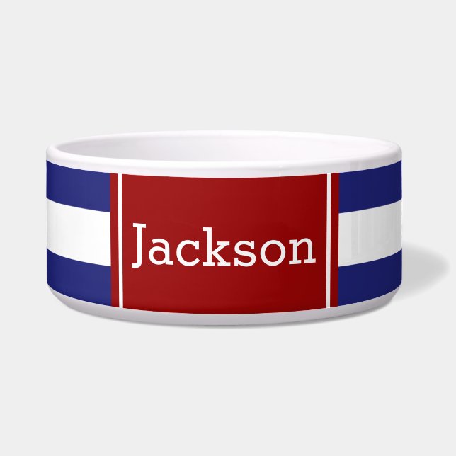 Comedero Raya azul y blanca náutica clásica con rojo (Frente)