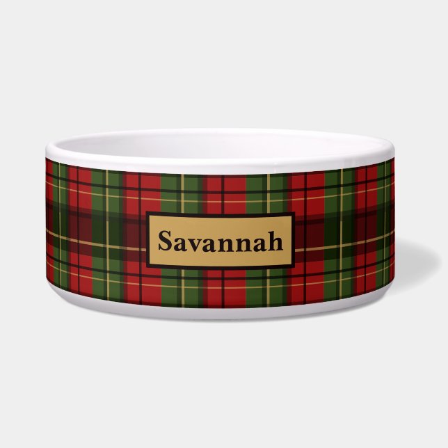 Comedero Red And Green Plaid Tartan Pattern With Pet's Name (Frente)