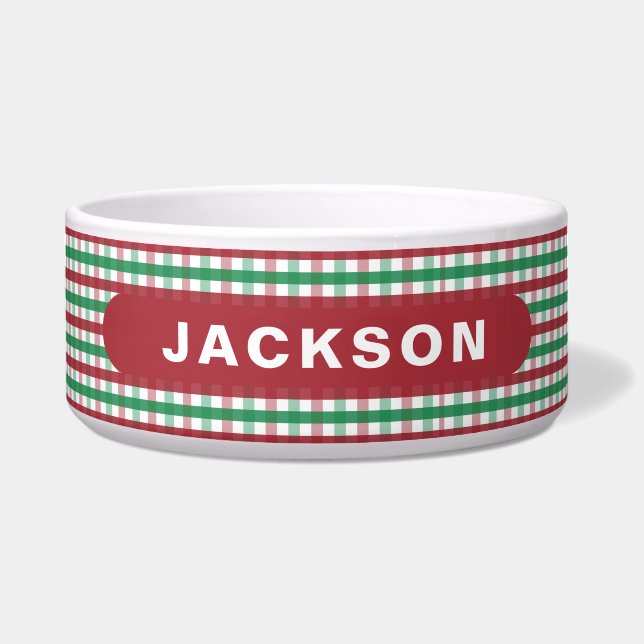 Comedero Red Green Buffalo Check Plaid Dog Name (Frente)