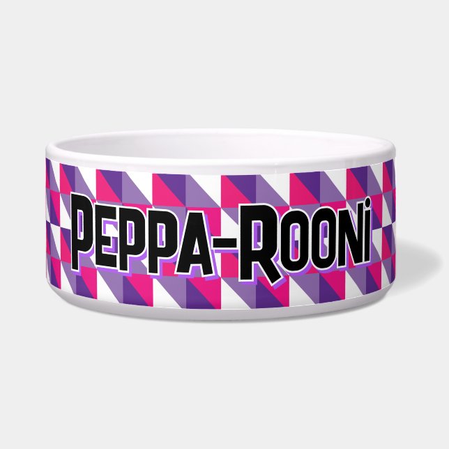 Comedero Retro Abstract Geometric Pink Purple & White Name (Frente)