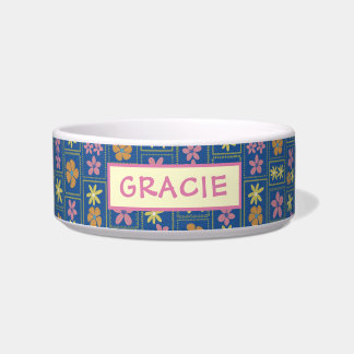 Comedero Retro Azul Parche Floral Personalizado Mediano Per