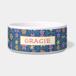 Comedero Retro Azul Parche Floral Personalizado Perro Grand