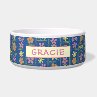 Comedero Retro Azul Parche Floral Personalizado Perro Grand