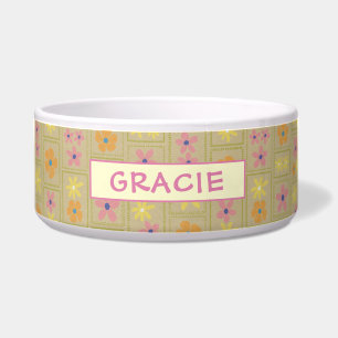 Comedero Retro Beige Parche Floral Personalizado Perro Gran