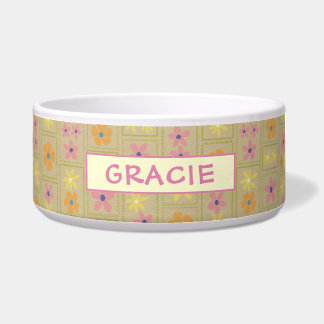 Comedero Retro Beige Parche Floral Personalizado Perro Gran