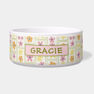 Comedero Retro Crema Parche Floral Personalizado Perro Gran