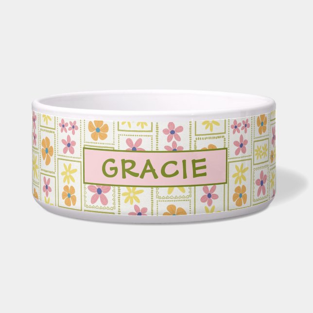 Comedero Retro Crema Parche Floral Personalizado Perro Gran (Frente)