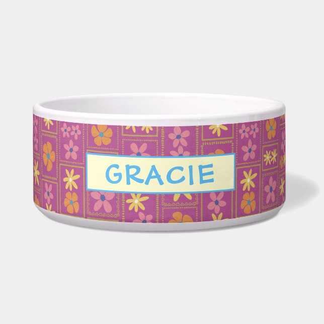 Comedero Retro Raspberry Patchwork Floral Custom Large Dog (Frente)