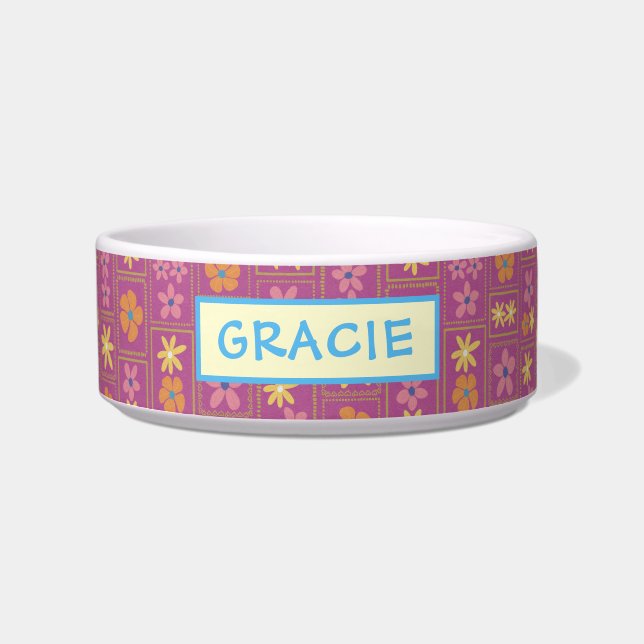 Comedero Retro Raspberry Patchwork Floral Custom Medium Dog (Frente)