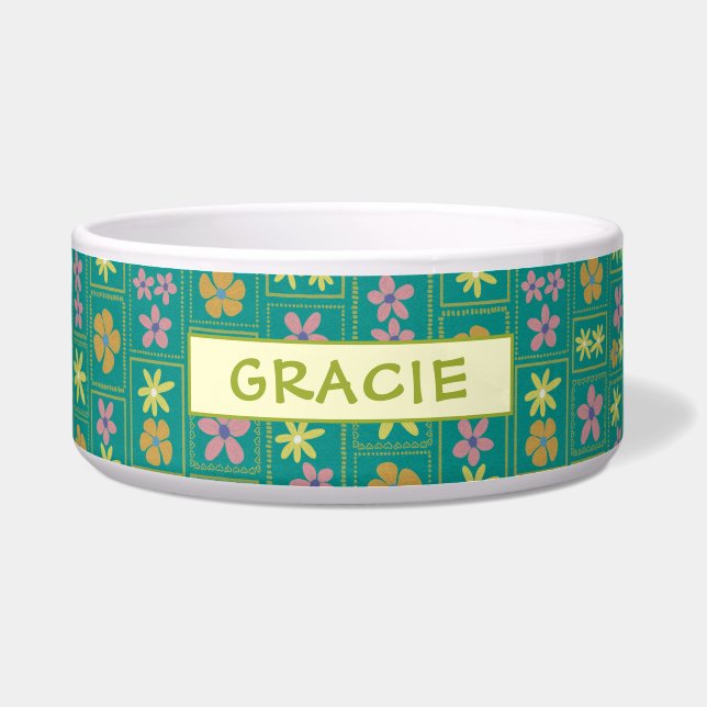 Comedero Retro Teal Patchwork Floral Custom Large Dog (Frente)