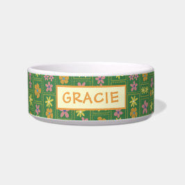 Comedero Retro Verde Floral Parcheado Personalizado Perro M