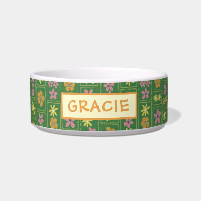 Comedero Retro Verde Floral Parcheado Personalizado Perro M (Frente)