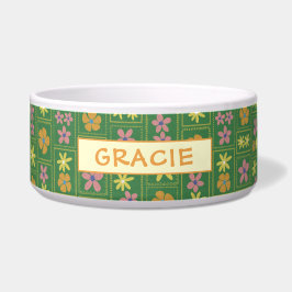 Comedero Retro Verde Parche Floral Personalizado Perro Gran