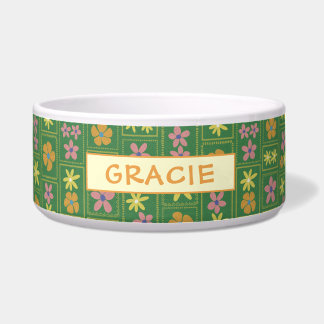 Comedero Retro Verde Parche Floral Personalizado Perro Gran