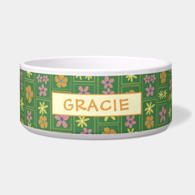 Comedero Retro Verde Parche Floral Personalizado Perro Gran (Frente)