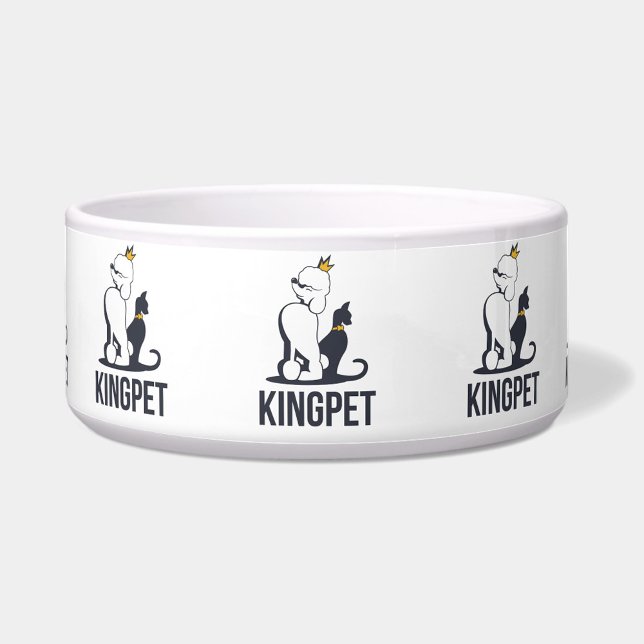 Comedero Rey Mascota (A white pet bowl with the words "KINGPET" and a cartoon of a dog and cat wearing crowns. )
