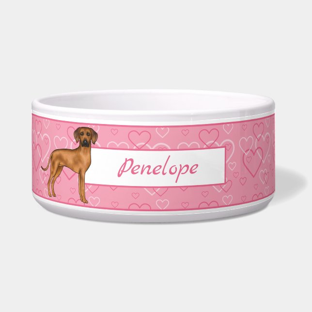 Comedero Ridgeback Perro Rhodés En Corazón Rosa Con Nombre (Frente)