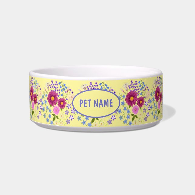 Comedero Ropa de flores o tazón de gato amarillo (Frente)