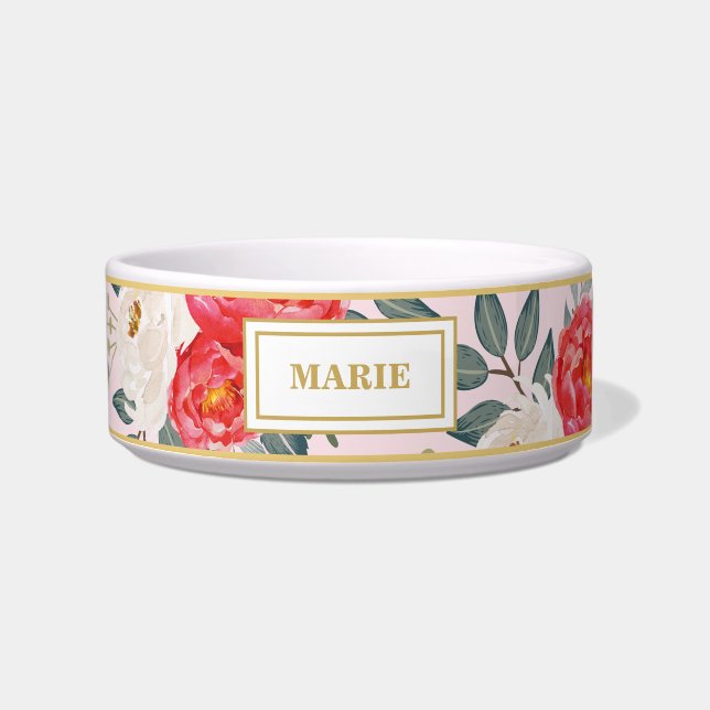 Comedero Rosa bonito y oro/mascota floral botánico elegante (Frente)