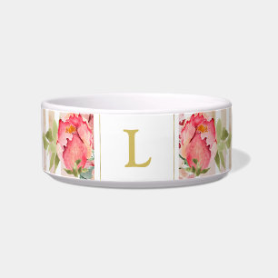 Comedero Rosa, floral, shabby chic, monograma rayada