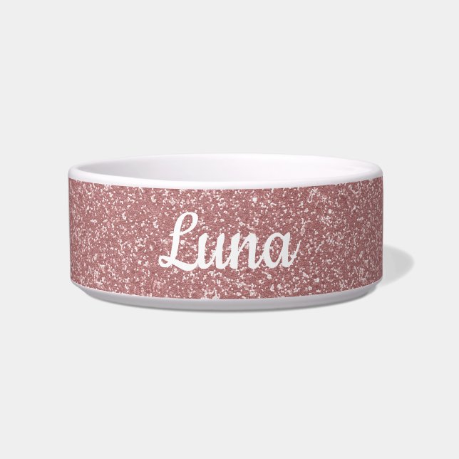 Comedero Rosa personalizado Estilo Purpurina Oro Perro Rosa (Frente)