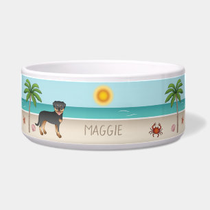 Comedero Rottweiler negro y marrón en una playa tropical de